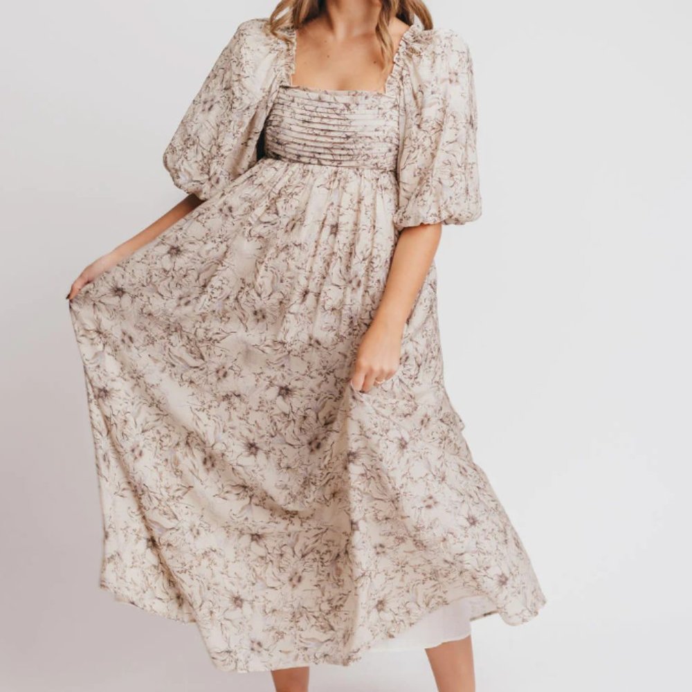 Melody Maxi Dress with Pleats and Bow Detail in Brown Blue Floral